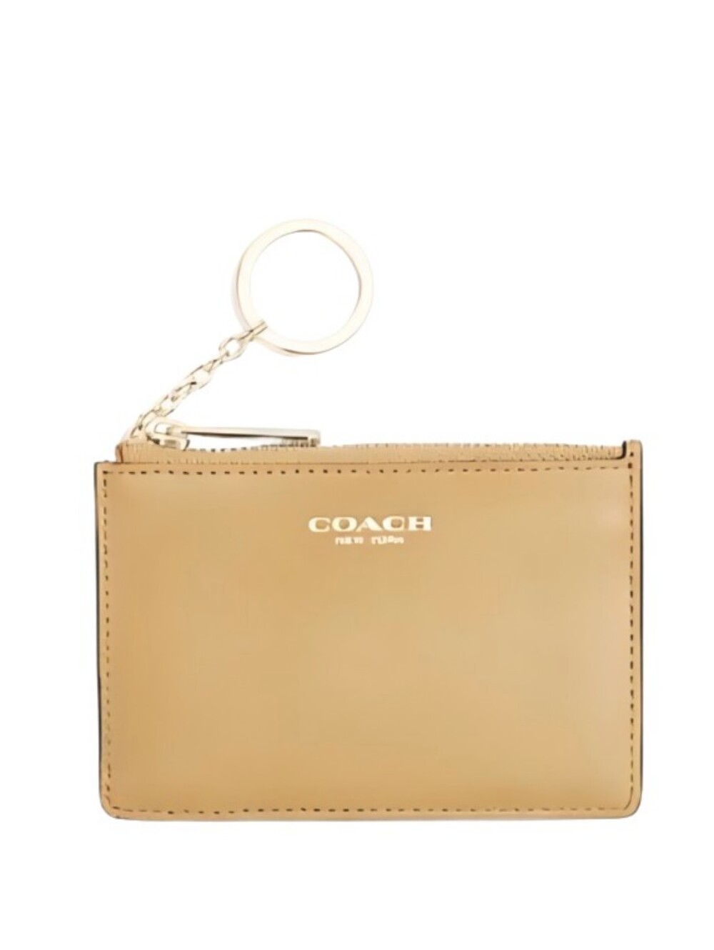 ๐Coach Camel Saffanio Leather Mini Skinny ID Card Case Wallet Keychain Key Fob